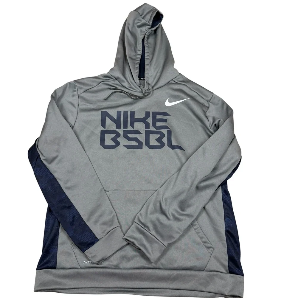 Nike BSBL Baseball Therma-FIT Hoodie Mens XL Gray Navy Blue Pullover Graphic